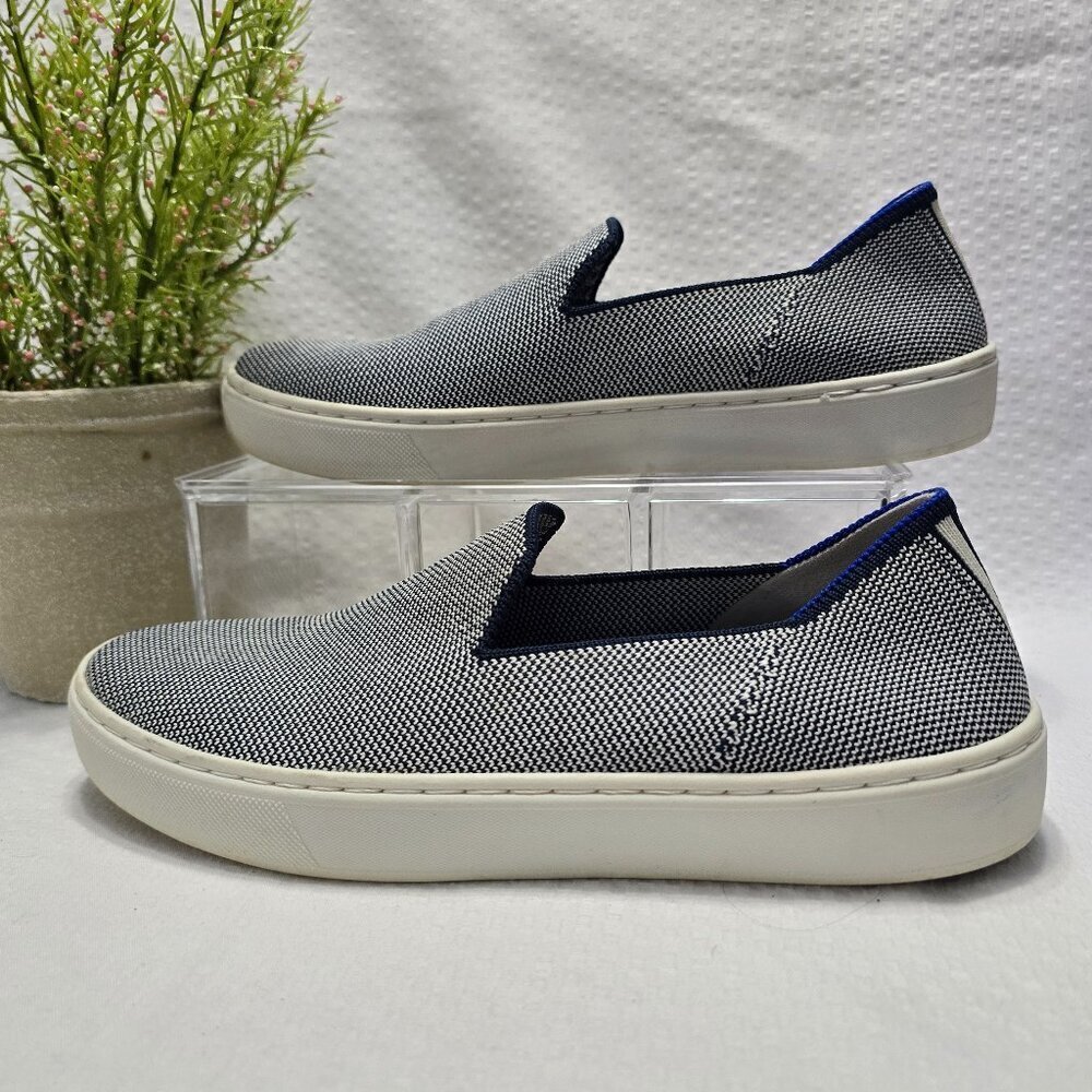 ROTHY'S THE LOAFER WOMENS IRIDESCENT ROUND TOE KNIT FLATS SLIP ON BLUE TRIM 6.5